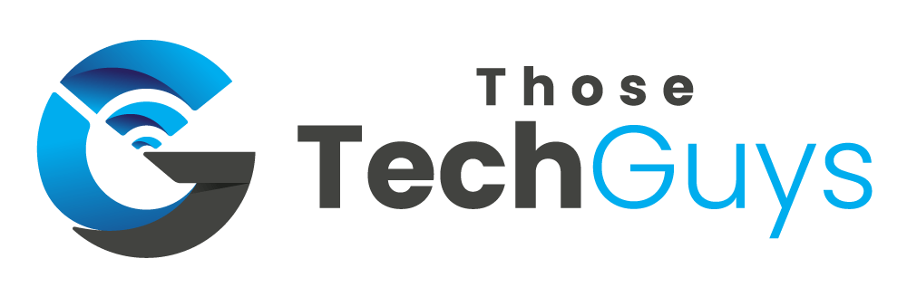 Logo featuring a stylized "G" in shades of blue and black, resembling a circular design with a Wi-Fi symbol. To the right, the text "Those Tech Guys" is displayed, with "Tech" in black and "Guys" in blue.