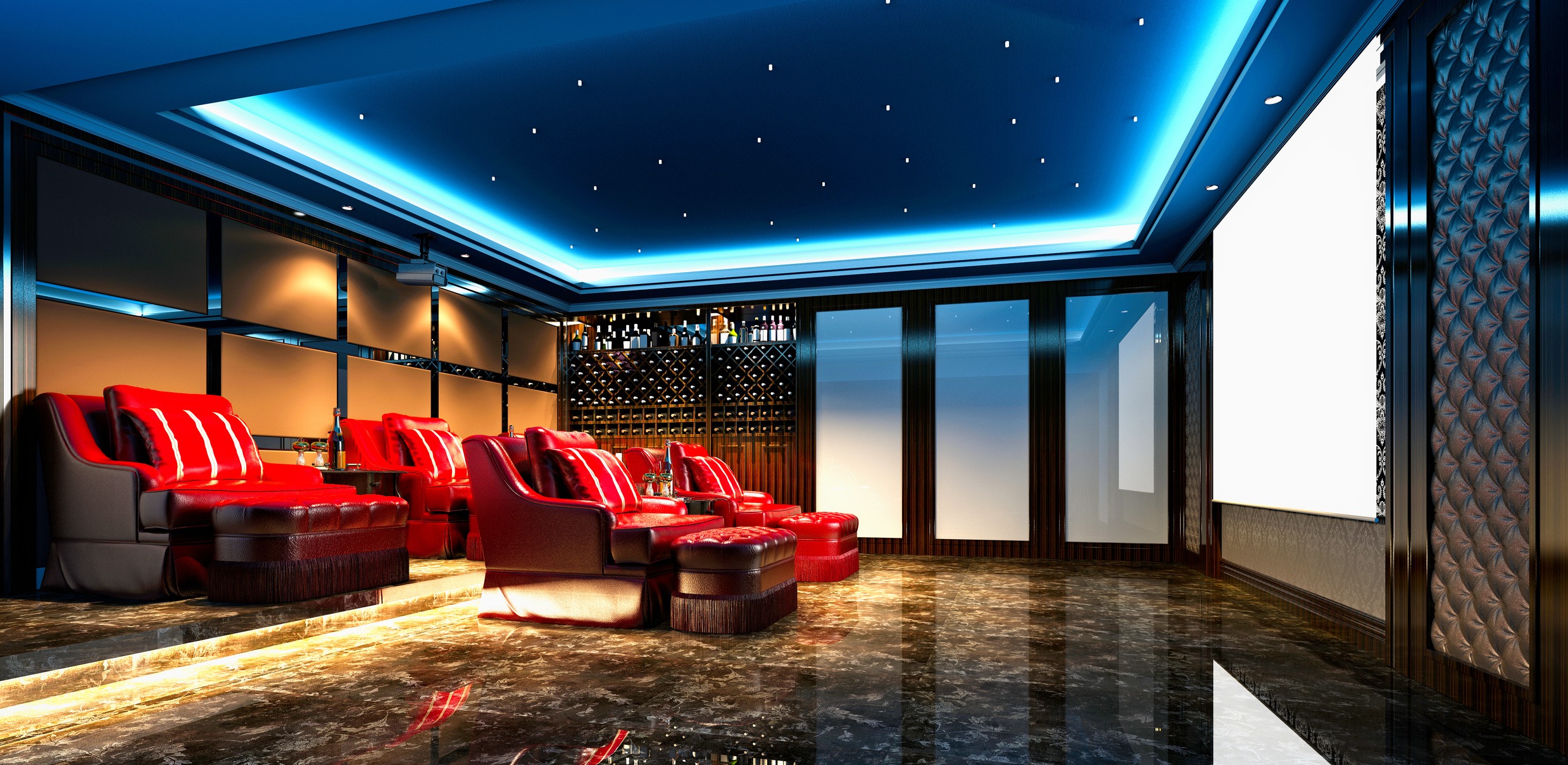 Luxurious home theater with red recliner chairs, large white screen, and sleek blue ceiling lighting. The room features a modern design, with decorative walls and shiny flooring.